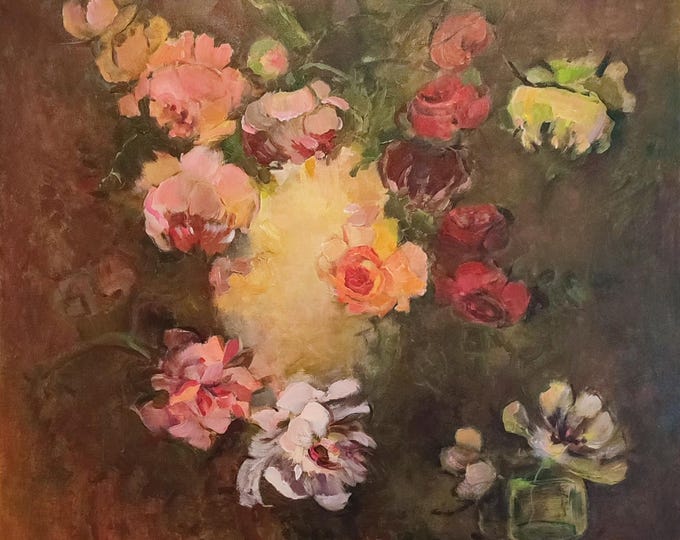 Roses and Peonies Oversized Canvas Art Original Painted Canvas Handmade Painting, Large Format Artwork Floral Bouquet 36x36 inch