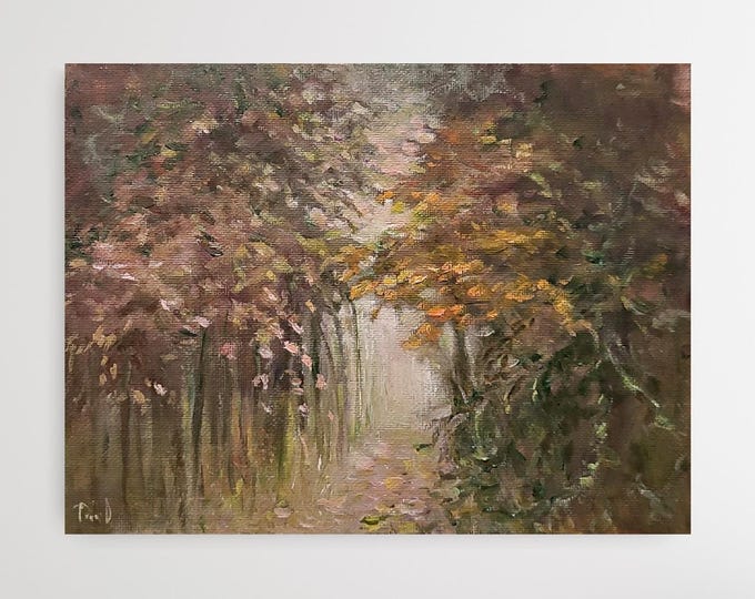 Forest Wall Art Autumnal Home Decor Landscape Original Oil Painting Fall Orange Brown Pink 18x24 cm