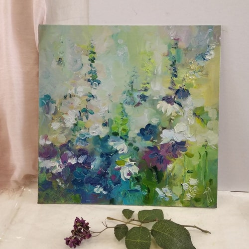 Floral painting, meadow flowers. Wildflower bouquet, shops wild daisy oil painting, bluebonnet painting, California flowers present 12×12 inches