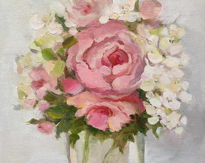 Floral Still Life: Pink White Original Oil Painting Roses Bouquet (10x8 inches)