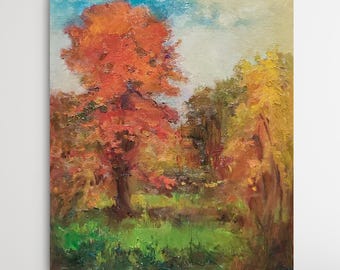 Fall Painting, Original Painted Canvas Panel, Autumn Trees Painting, Countryside Painting, Rustic Oil Painting, Antique Oil Painting Style