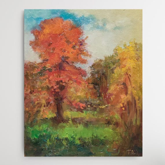 Fall Painting, Original Painted Canvas Panel, Autumn Trees Painting, Countryside Painting, Rustic Oil Painting, Antique Oil Painting Style