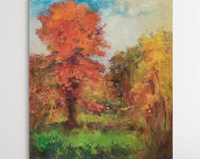 Fall Painting, Original Painted Canvas Panel, Autumn Trees Painting, Countryside Painting, Rustic Oil Painting, Antique Oil Painting Style