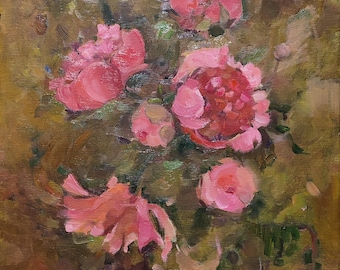 Original Oil Painting Peony Bouquet Cottagecore Decor Antique Style Floral Painting 18x15 inches