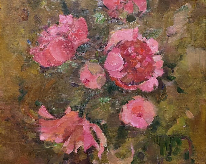 DDP to US, Original Oil Painting Peony Bouquet Cottagecore Decor Antique Style Floral Painting 18x15 inches