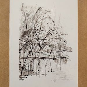 Originele tekening, houtskoolpotloodschets, één lijntekening, inkttekeningboom. Landschapstekening, tekening met potloodinkt. Muurkunst in antieke look