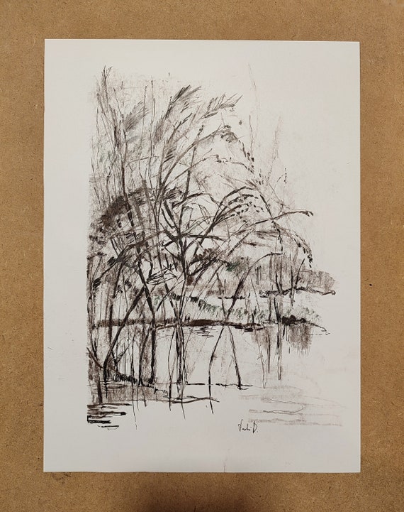 Original Drawing, Charcoal Pencil Sketch, One Line Drawing, Ink Drawing Tree. Landscape Draw, Pencil Ink Drawing. Antique Look Wall Art