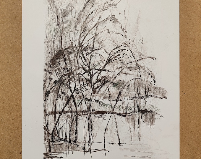 DDP to US, Original Charcoal Landscape Drawing: Antique Style Tree Sketch
