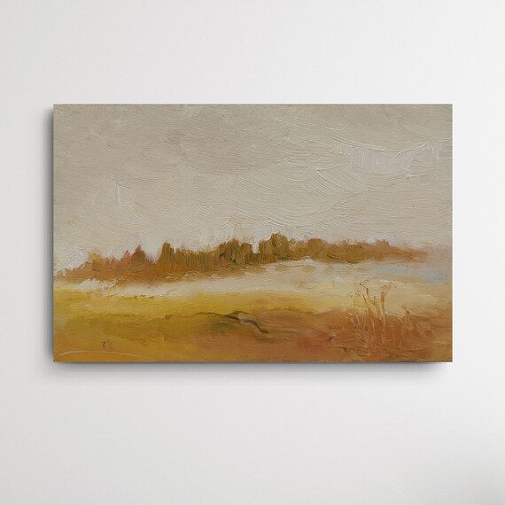 Autumnal Home Decor, Tiny Landscape Sunrise Painting. Field Road Painting, Autumn Meadow Painting, Mustard Wall Art, Village Painting.