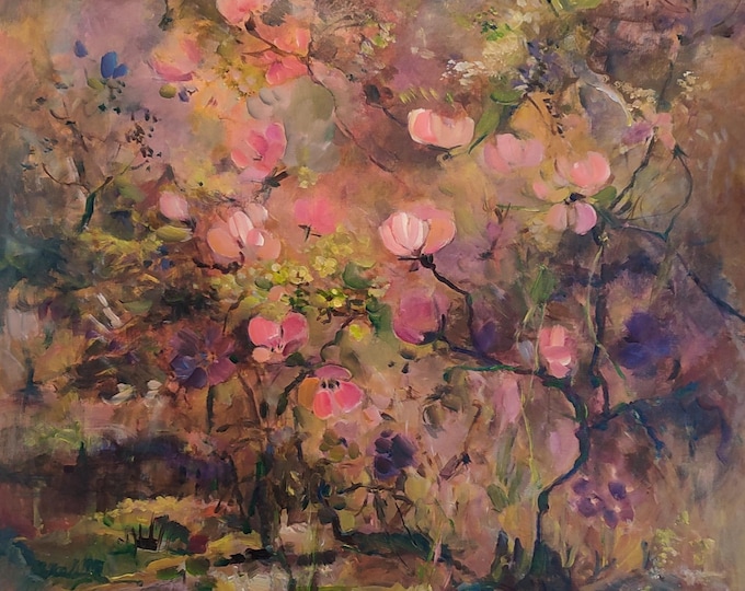 Oversized Floral Painting, Abstract Acrylic Original Painted Canvas Beige Brown Pink (36x36 inches).