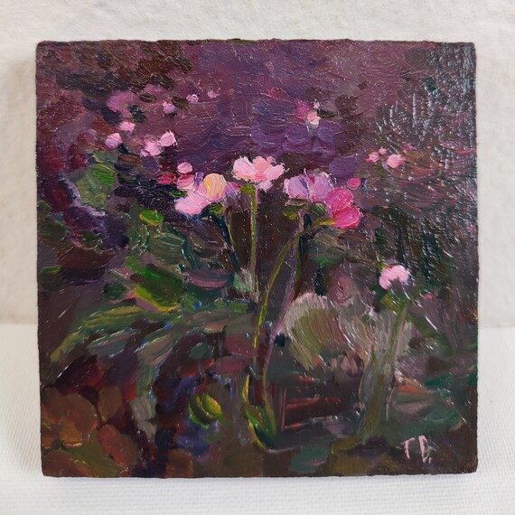 Miniature Painting, Oil Painting Original. Roses Oil Painting Secret Garden Moody Artwork. Tiny Painting, Burgundy Wall Art, Small Presents.