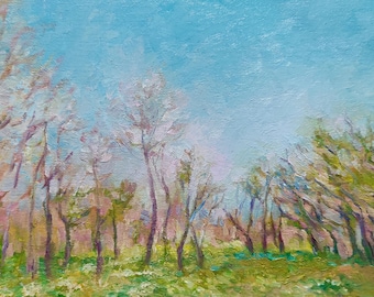 DDP to US, Trees Spring Painting Nature Landscape Blue Pink Green Original Oil Paintings 8x12 inches