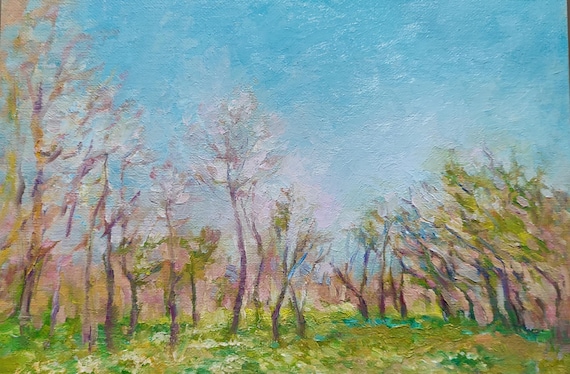 DDP to US, Trees Spring Painting Nature Landscape Blue Pink Green Original Oil Paintings 8x12 inches