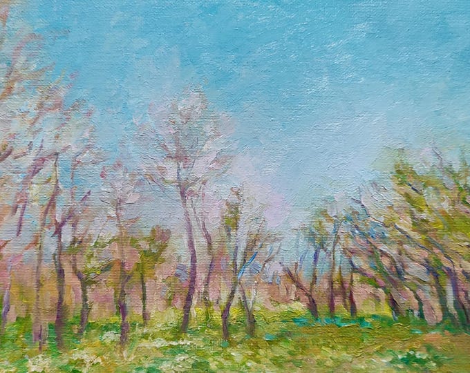 DDP to US, Trees Spring Painting Nature Landscape Blue Pink Green Original Oil Paintings 8x12 inches