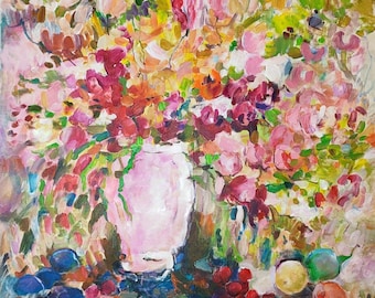 Large Original Paintings: Oversized Artwork Bright Floral Modern Still Life Pink Blue (36x36 inch).