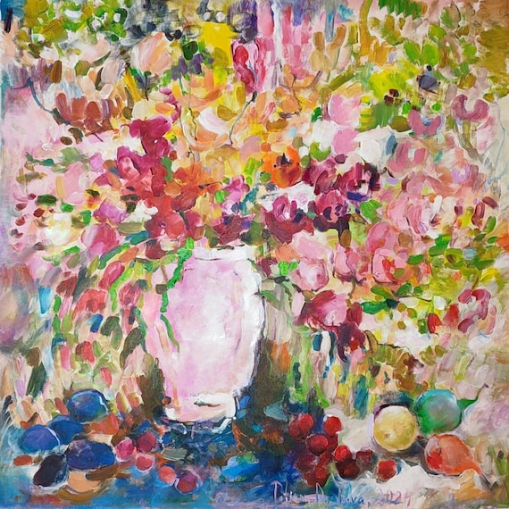 Large Original Abstract Art, Original Art Acrylic, Floral Still Life, Colorful Modern Still Life, Original Painted Canvas, 36x36 inches