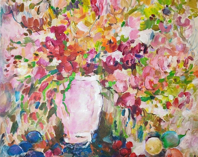 Large Abstract Original Art Oversized Acrylic Floral Still Life Painting Bright Painted Canvas (36x36 inch).