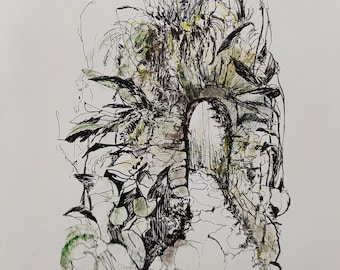 Original Drawing: Floral Landscape Hand Drawn "The Way" Pencil Pastel Ink Graphic, House Warming Gift