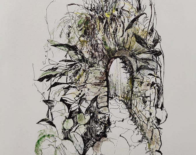 Original Drawing: Floral Landscape Hand Drawn "The Way" Pencil Pastel Ink Graphic, House Warming Gift