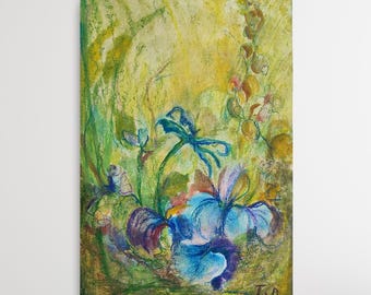 Oil Pastel Drawing Original Floral Art: Green Secret Garden Tropical Landscape (15x10inch)