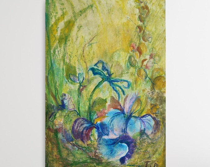 Oil Pastel Drawing Original Floral Art: Green Secret Garden Tropical Landscape (15x10inch)