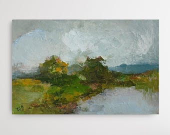 Original Autumn Oil Painting River Landscape Countryside Wall Art Green Ochre (4.5x7 inches)