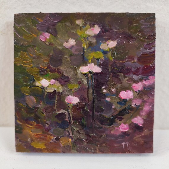 Miniature Painting, Oil Painting Original. Roses Oil Painting Dark Green Burgundy. Small Presents, Gift for Best Friend Female.