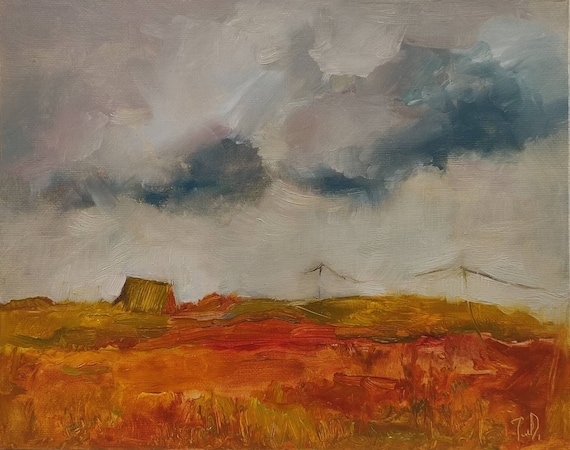 Original Painting, Handmade Artwork Countryside Painting. Autumnal Home Decor, Rainey Day Art, Autumn Field Rustic Oil Painting 10x8 inches