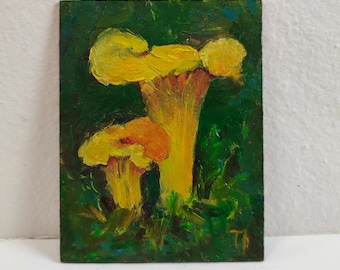 Yellow Mushroom, Original Small Oil Painting, Autumnal Home Decor 6.5x5 inches