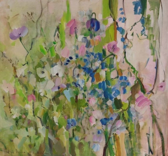 Oversized Wall Art, Expensive Art Abstract Floral Painting. Sage Green Neutral Expensive Painting. Abstract Meadow Painting XXL 30x32 inch.