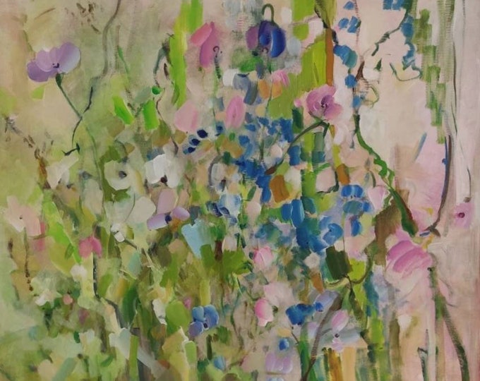 Large Abstract Original Art Floral Wildflower Oversized Canvas Art Large Painting (30x32 inch) Soft Green