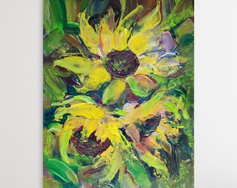 Sunflower Painting Acrylic: Original Artwork Hand Painted Wildflower Light Green Yellow 6x8 inch
