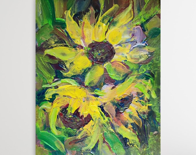 Sunflower Painting Acrylic: Original Artwork Hand Painted Wildflower Light Green Yellow 6x8 inch