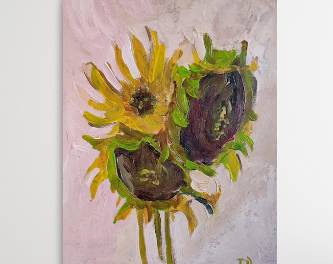 Sunflower Painting Original Wildflower Art Acrylic Hand Painted Artwork Light Green Yellow 6x8 inch