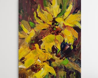 Sunflower Painting Wildflower: Original Art, Hand Painted Expression Artwork Brown Yellow 6x8 inch