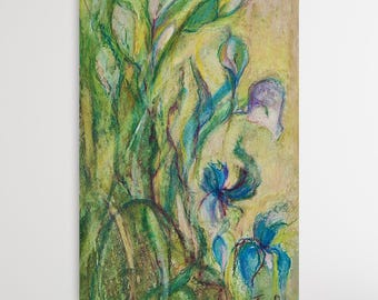 Abstract Floral Art Oil Pastel Original Artwork: Green Grass and Lilly Flowers (15x10inch)