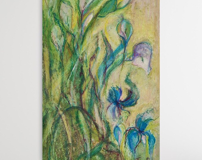 Abstract Floral Art Oil Pastel Original Artwork: Green Grass and Lilly Flowers (15x10inch)