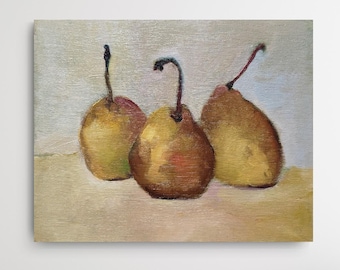 Original Oil Painting: Pear Fruit Still Life, Autumn Thanksgiving Decor
