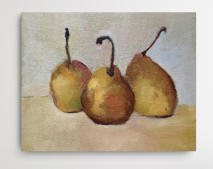 Original Oil Painting: Pear Fruit Still Life, Autumn Thanksgiving Decor