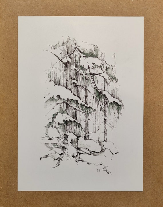 Christmas Tree, Pastel Pencil Sketch, Ink Drawing Tree ORIGINAl Modern Line Drawing. Small Presents, Rustic Antique Look Wall Art.