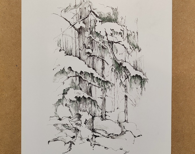 Christmas Tree Ink Drawing: Original Winter Snow Forest Art (22x30cm)