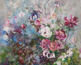 Garden Wildflower Art, Original Oil Painting Bouguet Blue White Purple Shabby Chic Decor, Romantic Gift  (12×12 inches)