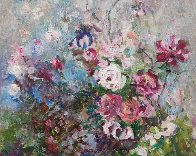 Garden Wildflower Art, Original Oil Painting Bouguet Blue White Purple Shabby Chic Decor, Romantic Gift  (12×12 inches)