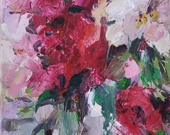 DDP to US, Original Floral Oil Painting: Red Peony Bouquet, Impressionist Still Life (10x12 inch)