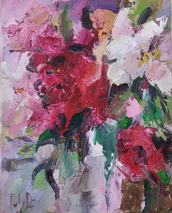 Bouquet Painting, Oil Painting Original. Floral Still Life, Original Abstract Painting Red White Flowers Impressionist Painting 10×12 inch.