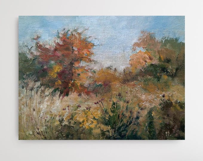 Autumnal Home Decor Forest Wall Art Landscape Original Oil Painting Fall Trees Orange Blue Green 18x24 cm