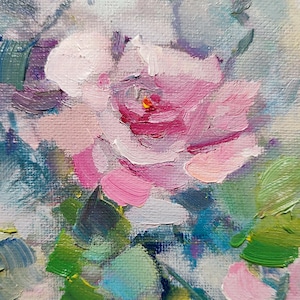 May include: A close-up of a pink rose painted in a loose, impressionistic style. The rose is surrounded by green leaves and a soft, blue background.