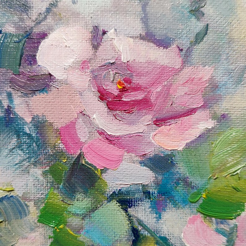 May include: A close-up of a pink rose painted in a loose, impressionistic style. The rose is surrounded by green leaves and a soft, blue background.