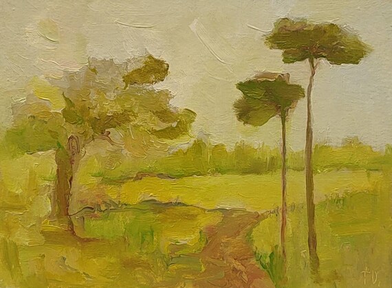 Landscape oil painting, tiny painting, nature miniature.  Rustic oil painting, mini oil painting 8×6 in.