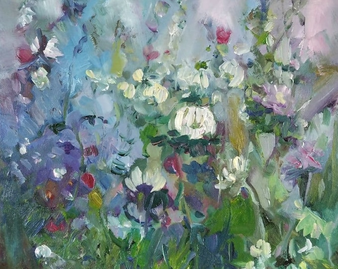 Meadow Impressionist Original Paintings on Order Forest Wildflowers Custom Oil Artwork Blue Green White